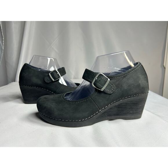 Dansko Sandra Black Womens Nubuck Leather Wedge Heel Mary Jane Sz 39 US8.5 ￼ - Picture 2 of 9